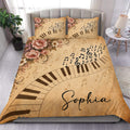 Piano duvet cover set with floral accents, musical notes, piano keys, and a warm vintage bedroom presentation