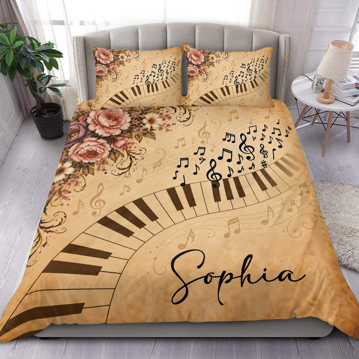 Piano duvet cover set with floral accents, musical notes, piano keys, and a warm vintage bedroom presentation