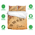 Piano bedding set displayed with floral musical artwork and soft breathable fabric feature icons