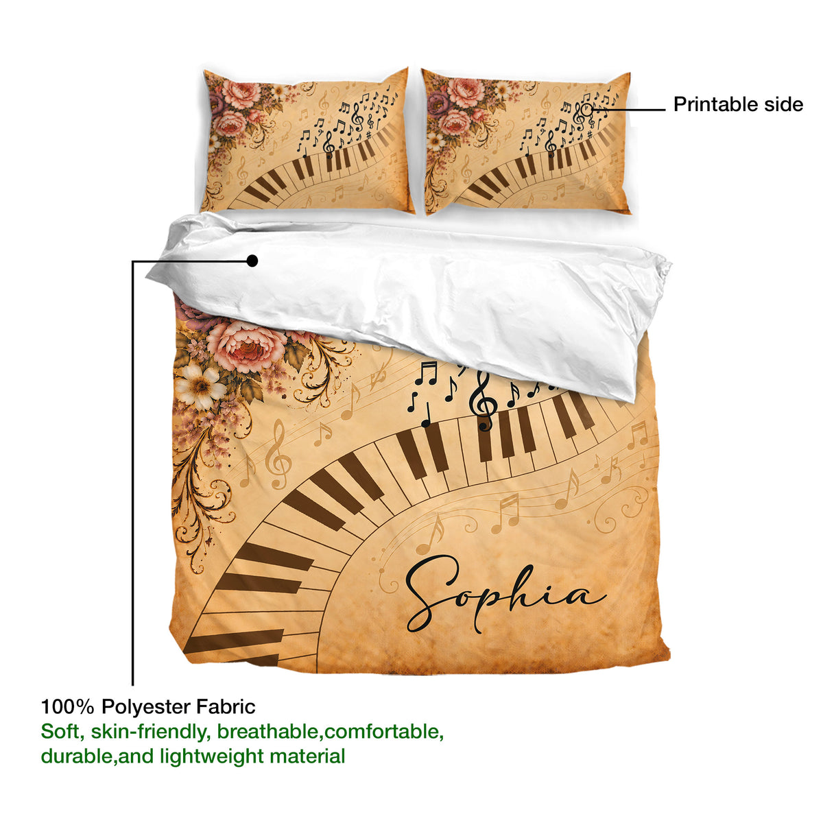 Piano duvet cover set close view showing musical artwork, floral details, and soft polyester fabric