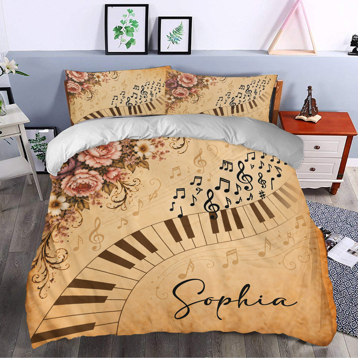 Piano duvet cover bedding set styled in a bedroom with vintage floral music decor and keyboard artwork