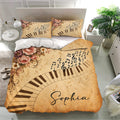 Piano bedding set in a bright bedroom featuring piano keys, musical notes, floral accents, and warm golden tones
