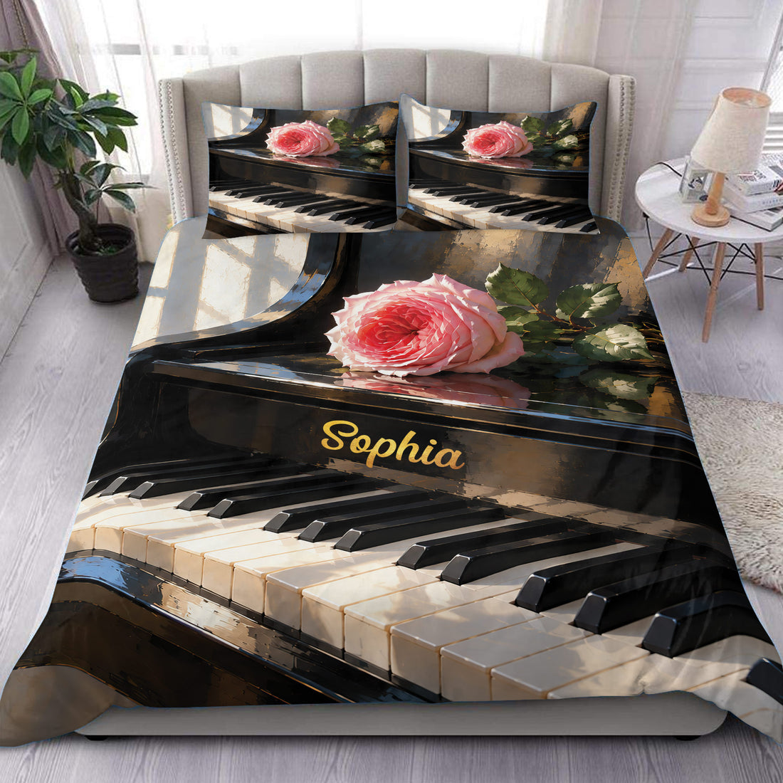 Piano duvet cover set with glossy black keys, pink rose artwork, and matching bedroom pillowcases