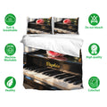 Piano bedding set featuring grand piano keys, pink roses, matching pillowcases, and fabric care icons