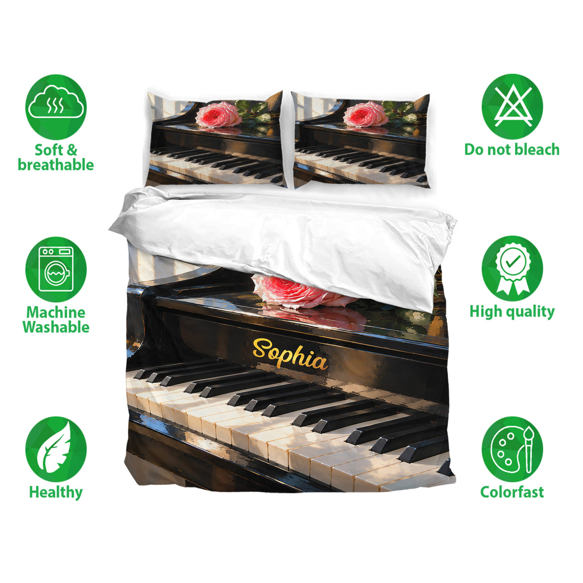 Piano bedding set featuring grand piano keys, pink roses, matching pillowcases, and fabric care icons