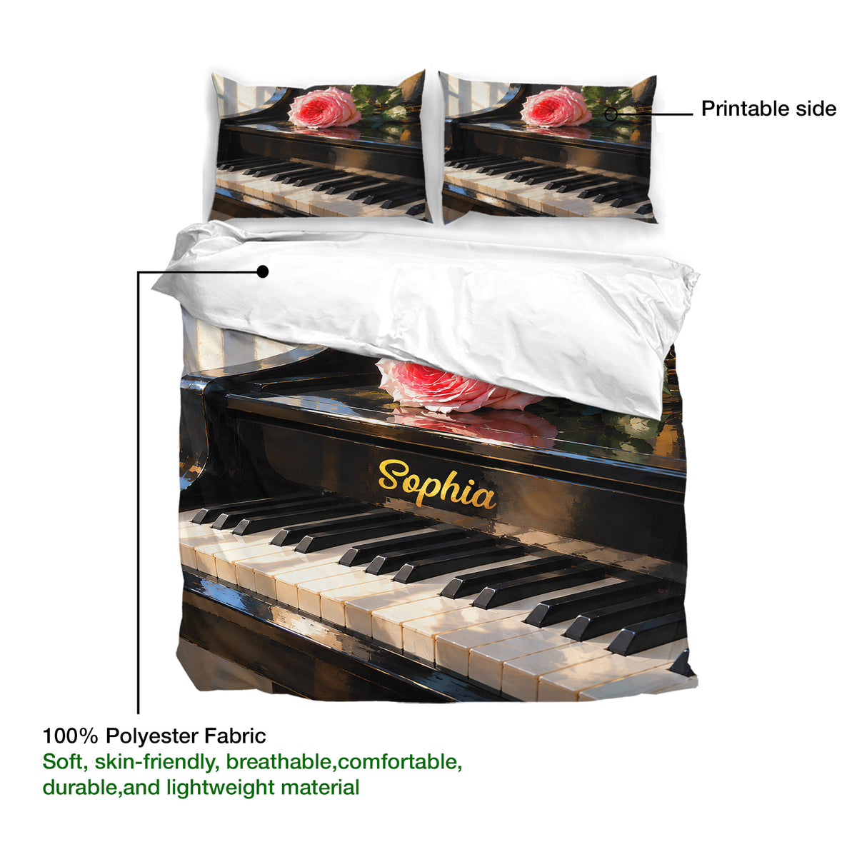 Piano duvet cover with rose artwork, matching pillowcases, and a visible printable design side