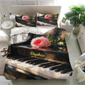 Piano bedding set displayed in a bright bedroom with floral piano artwork and matching pillowcases