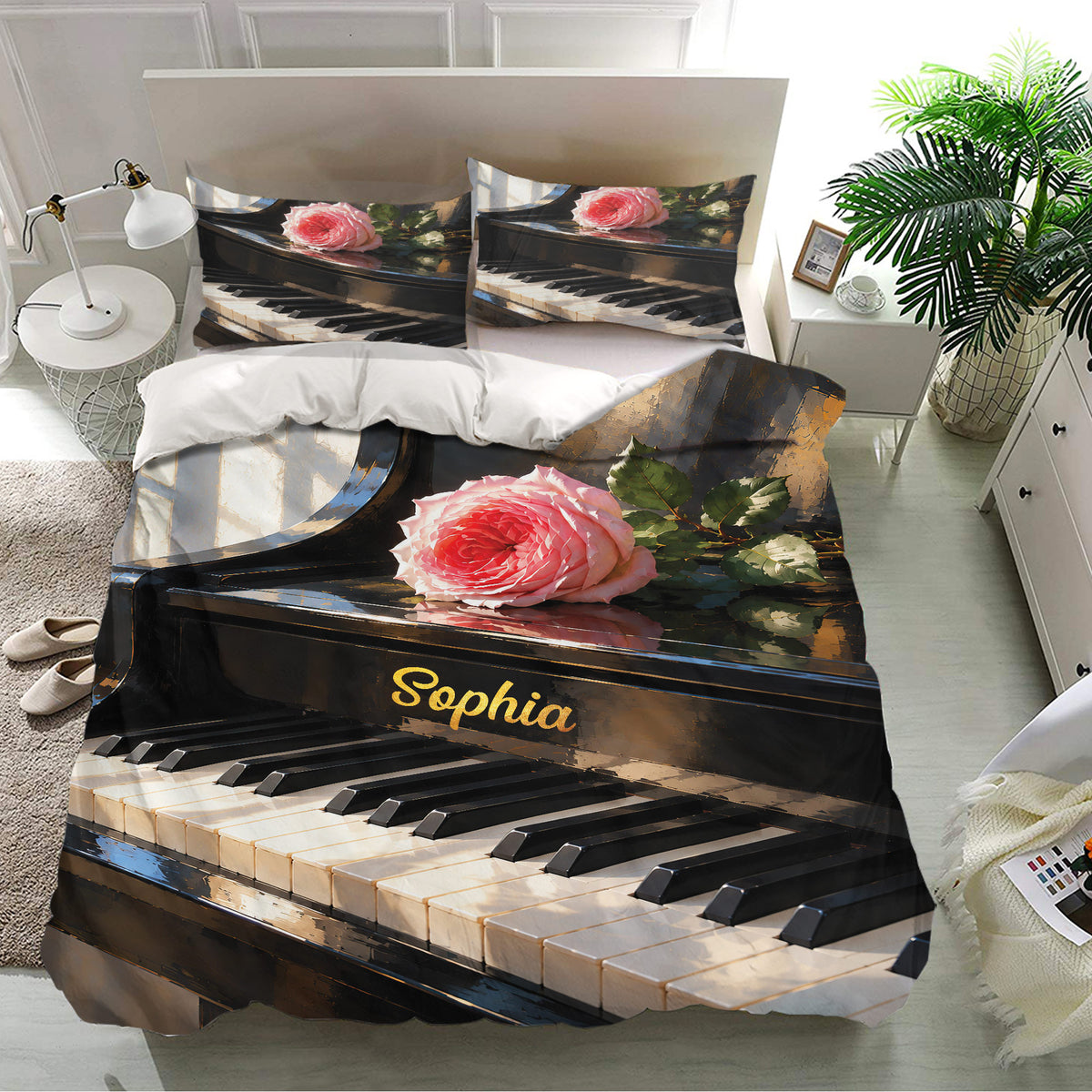 Piano bedding set displayed in a bright bedroom with floral piano artwork and matching pillowcases