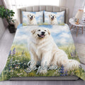 Great Pyrenees duvet cover set displayed on a bed with watercolor dog artwork, blue sky, and wildflowers