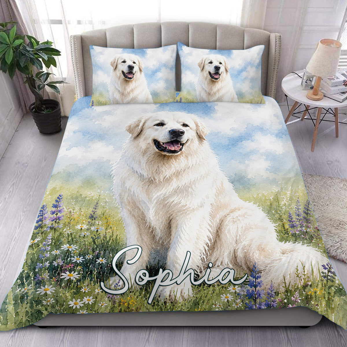 Great Pyrenees duvet cover set displayed on a bed with watercolor dog artwork, blue sky, and wildflowers