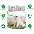 Great Pyrenees bedding set with watercolor dog artwork, breathable fabric details, and colorful floral scenery