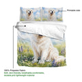 Great Pyrenees duvet cover showing the printed side, soft polyester fabric, and watercolor meadow artwork