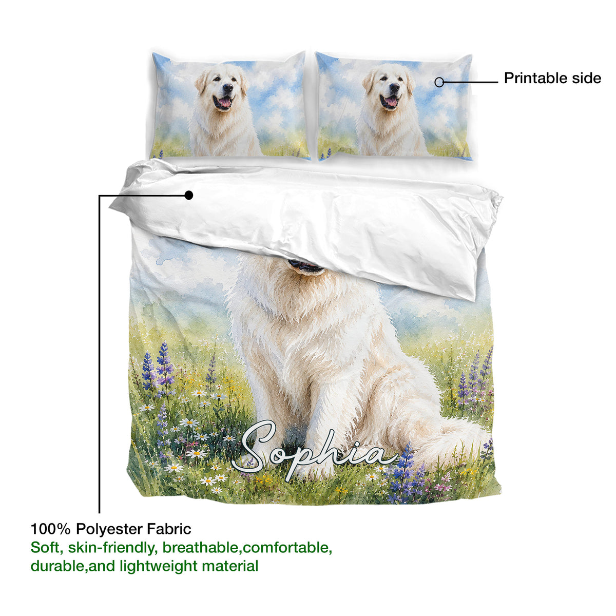 Great Pyrenees duvet cover showing the printed side, soft polyester fabric, and watercolor meadow artwork