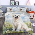 Great Pyrenees duvet cover set styled in a bedroom with a large white dog and blue floral meadow design