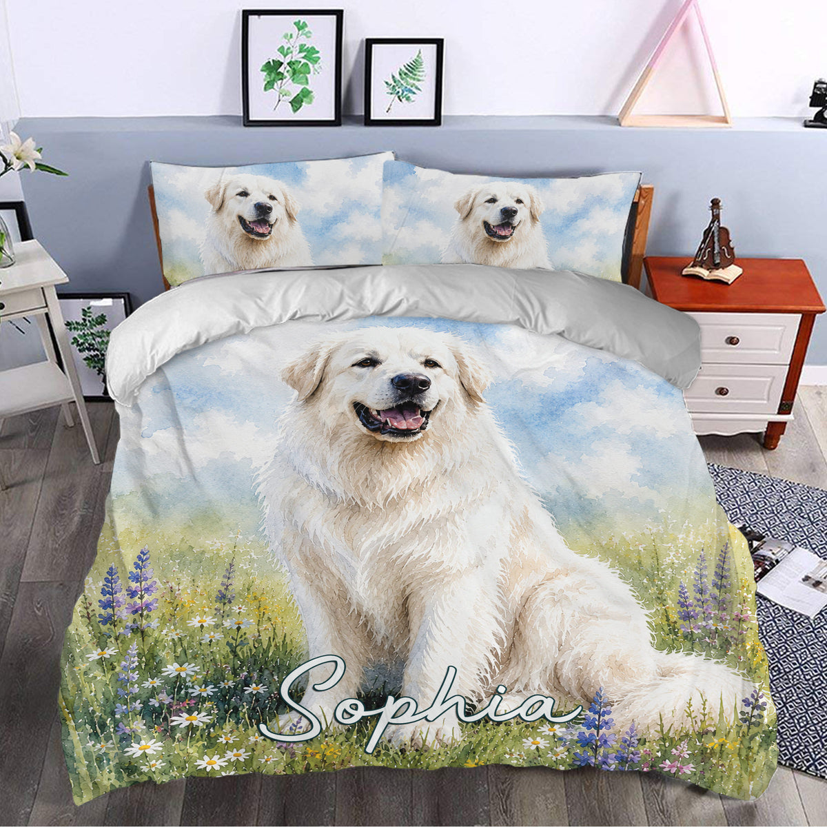 Great Pyrenees duvet cover set styled in a bedroom with a large white dog and blue floral meadow design