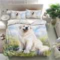 Great Pyrenees bedding set displayed in a bright bedroom with matching dog artwork on the duvet cover and pillowcases