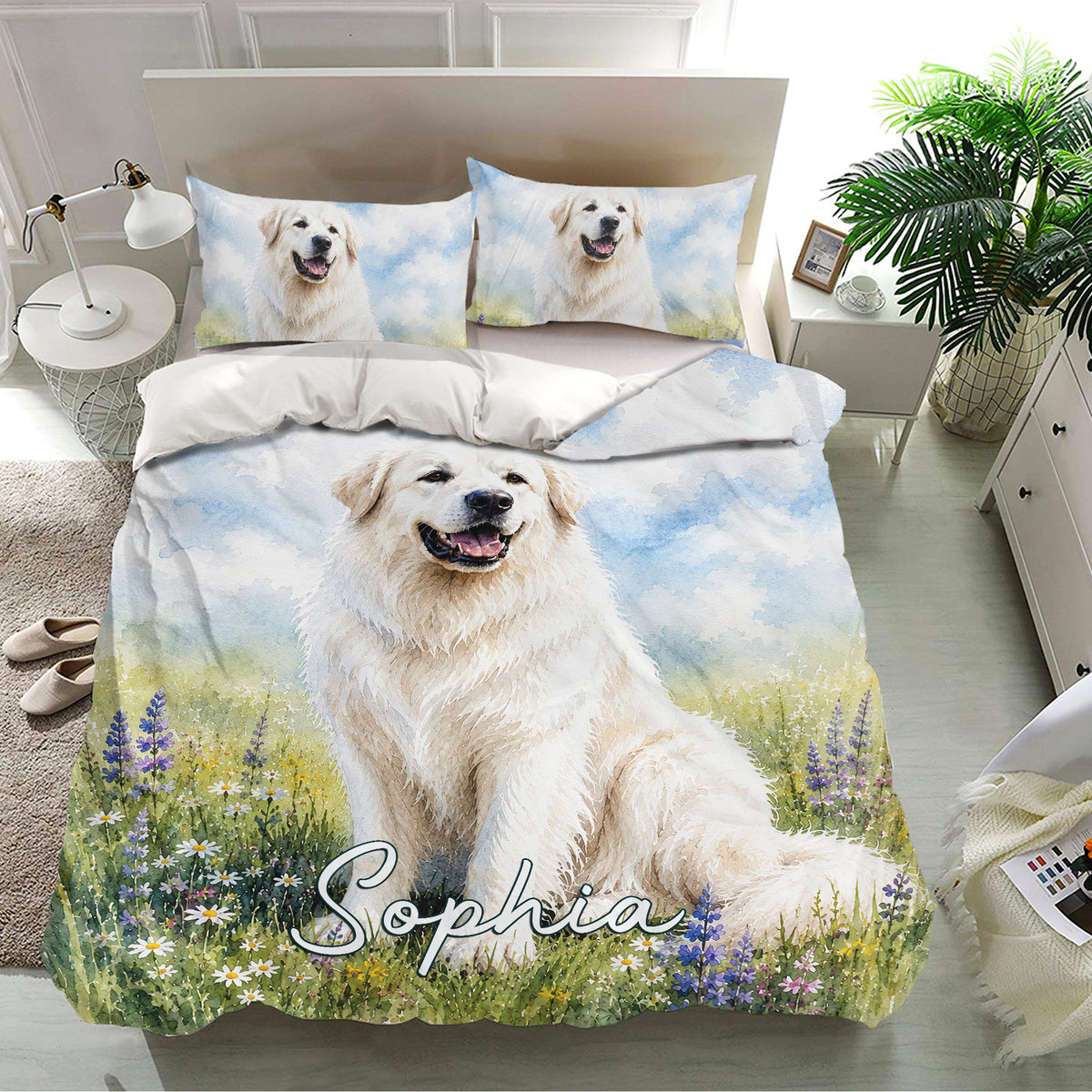 Great Pyrenees bedding set displayed in a bright bedroom with matching dog artwork on the duvet cover and pillowcases