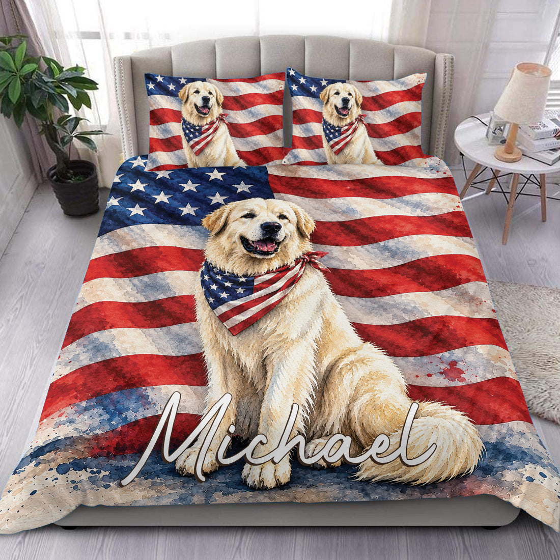 Great Pyrenees duvet cover set with a patriotic red, white, and blue flag design in a bedroom