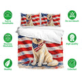 Great Pyrenees bedding set displayed with matching pillowcases and soft, breathable fabric feature icons