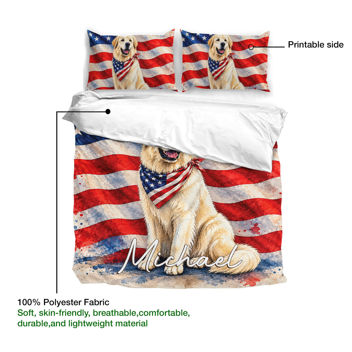 Great Pyrenees duvet cover with patriotic artwork, printable outer side, and lightweight polyester fabric