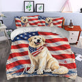 Patriotic Great Pyrenees duvet cover bedding set styled in a modern bedroom with matching pillows