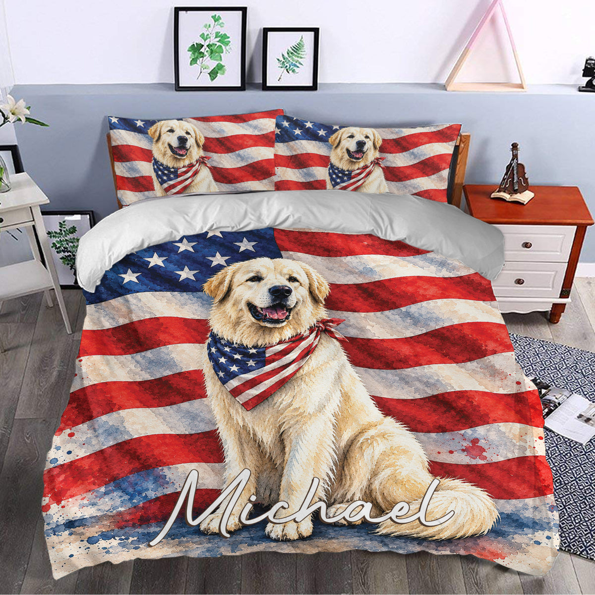 Patriotic Great Pyrenees duvet cover bedding set styled in a modern bedroom with matching pillows