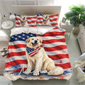 Great Pyrenees bedding set featuring a watercolor-style dog, stars, and red, white, and blue stripes