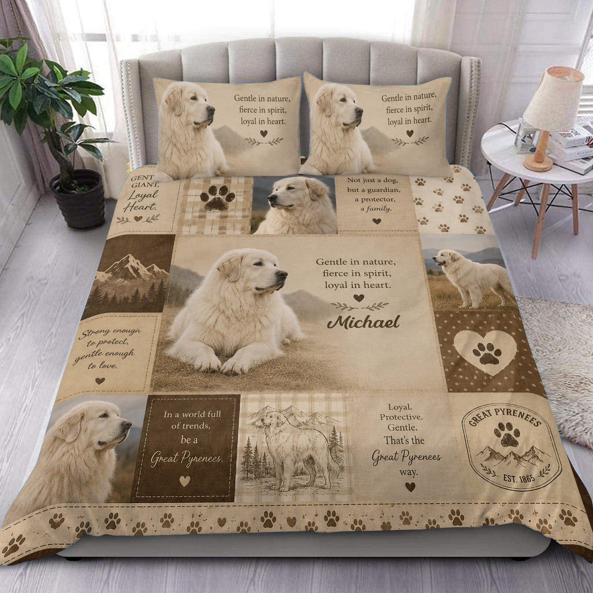 Great Pyrenees duvet cover set displayed on a bed with realistic dog portraits, paw prints, mountains, and warm neutral tones