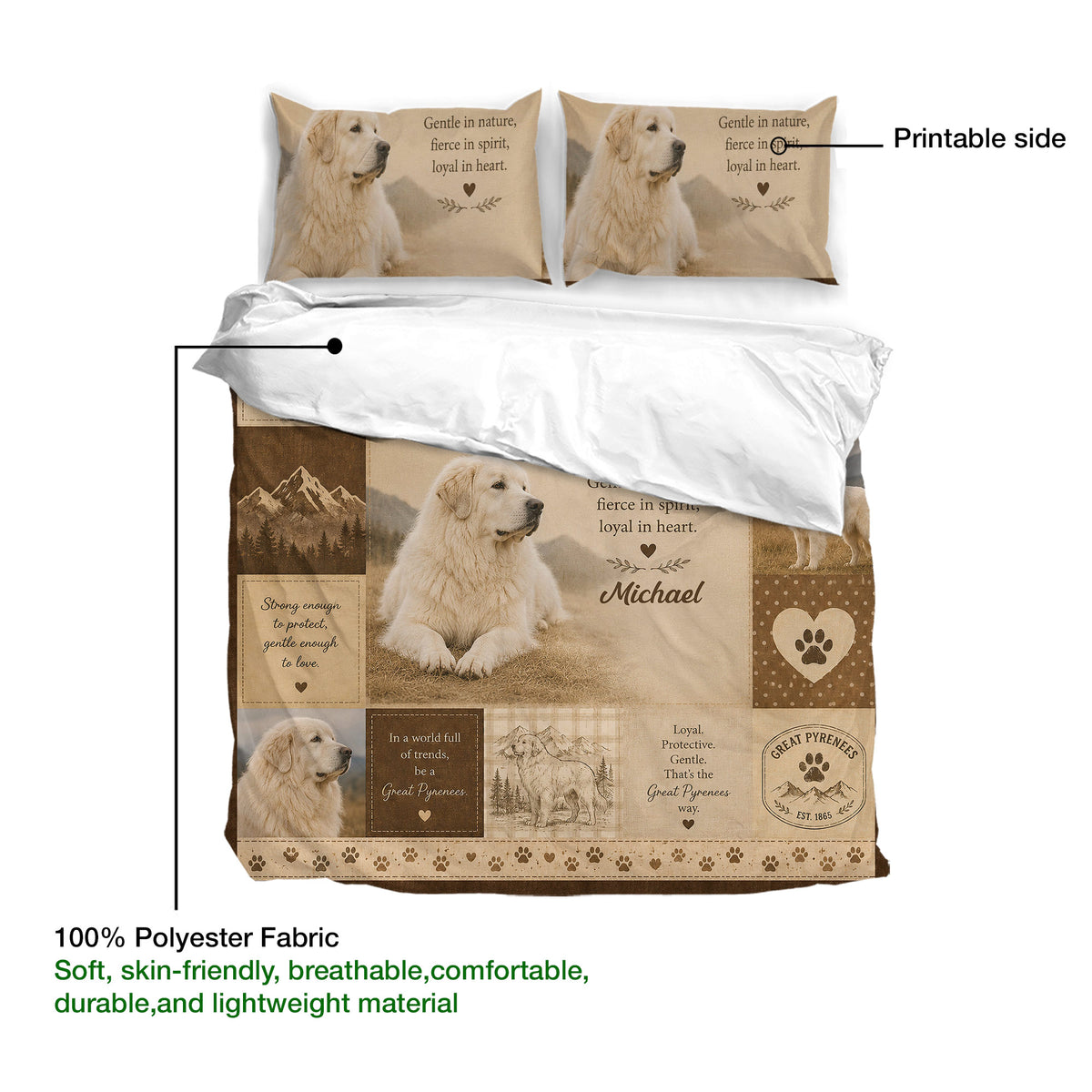 Great Pyrenees duvet cover bedding set showing the printable side and soft lightweight polyester fabric