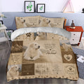 Great Pyrenees duvet cover set styled in a bedroom with realistic dog artwork, mountain scenes, and paw print details