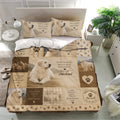 Great Pyrenees bedding set presented in a bright bedroom with matching pillowcases and rustic tan dog artwork