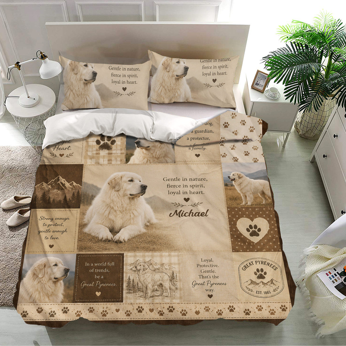 Great Pyrenees bedding set presented in a bright bedroom with matching pillowcases and rustic tan dog artwork
