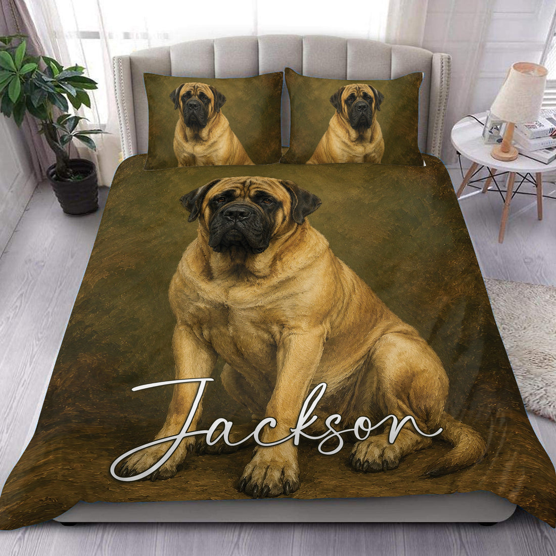 English Mastiff duvet cover set displayed on a bedroom bed with matching portrait pillowcases