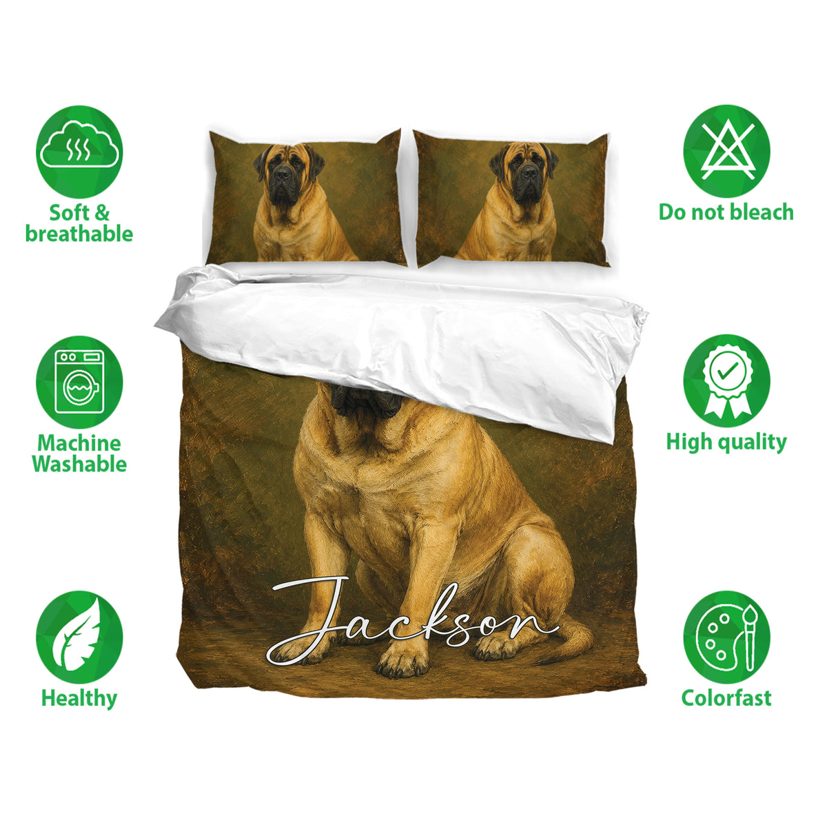 English Mastiff bedding set shown with matching pillowcases and soft breathable fabric features