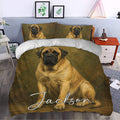English Mastiff duvet cover set styled in a modern bedroom with large dog portrait artwork