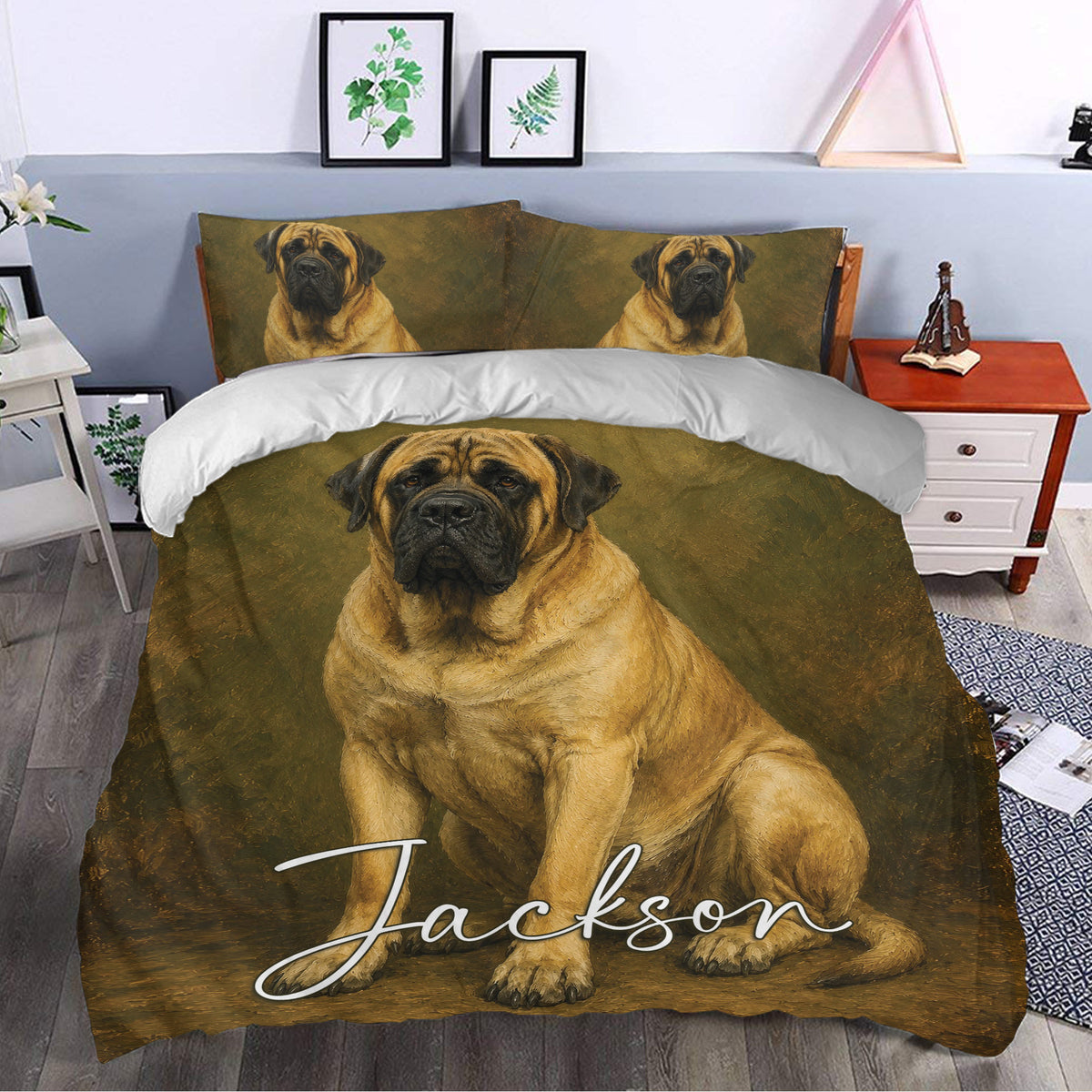 English Mastiff duvet cover set styled in a modern bedroom with large dog portrait artwork