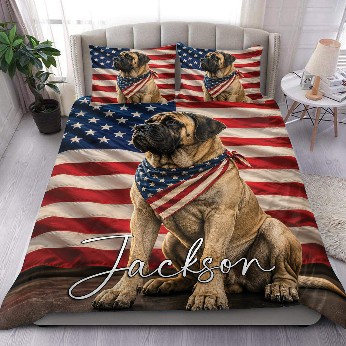 English Mastiff duvet cover set with a patriotic stars and stripes design styled in a bright bedroom
