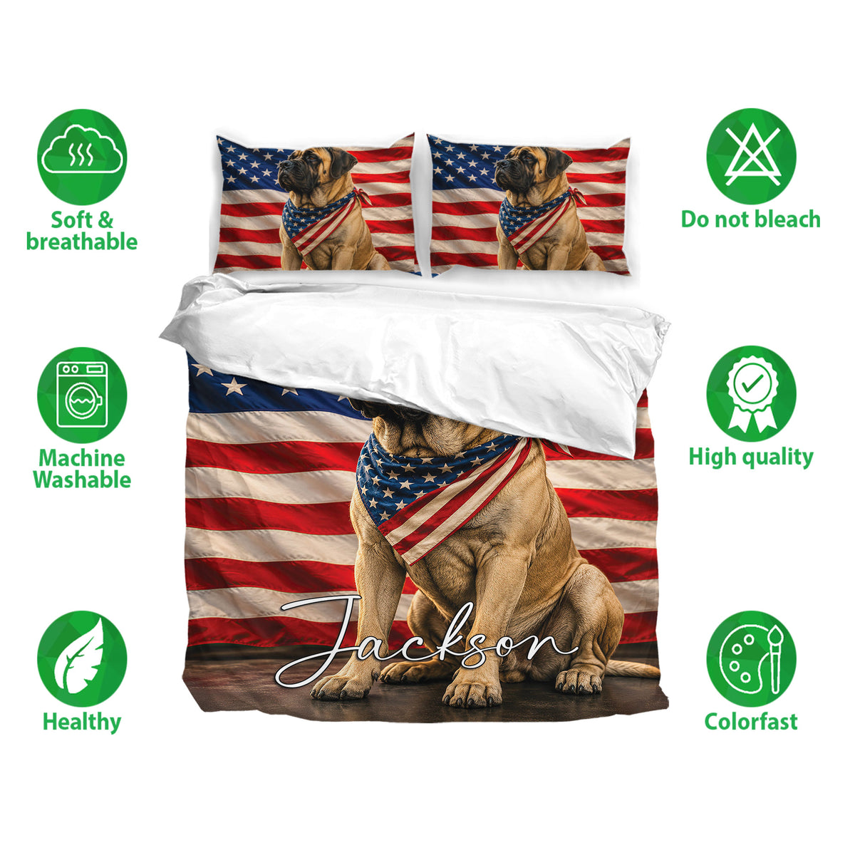 English Mastiff bedding set displayed with matching pillowcases and soft breathable fabric feature icons