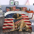English Mastiff duvet cover styled on a bedroom bed with patriotic red, white and blue artwork
