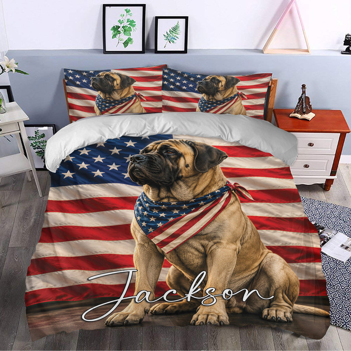 English Mastiff duvet cover styled on a bedroom bed with patriotic red, white and blue artwork