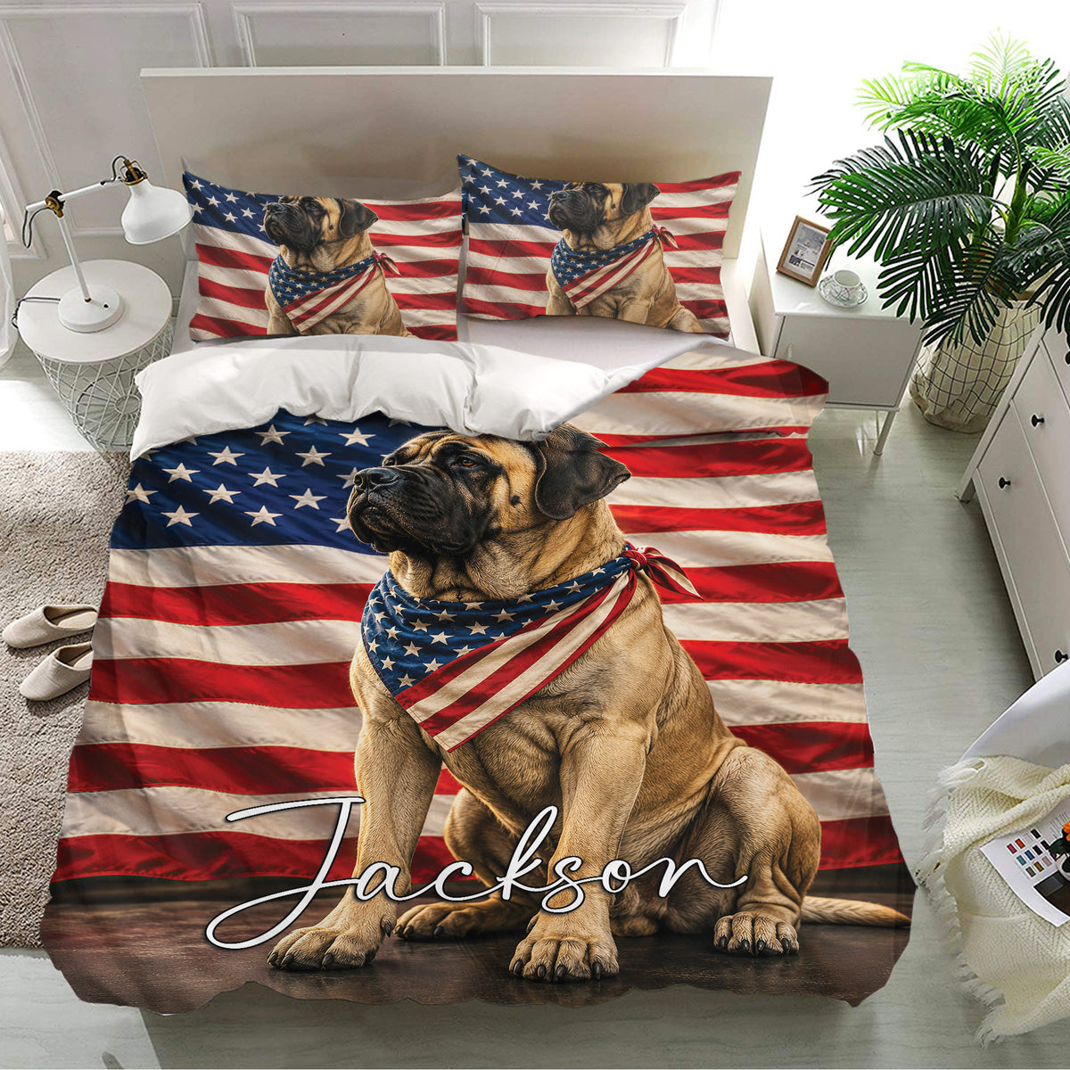 Patriotic English Mastiff bedding set presented in a modern bedroom with matching dog portrait pillowcases