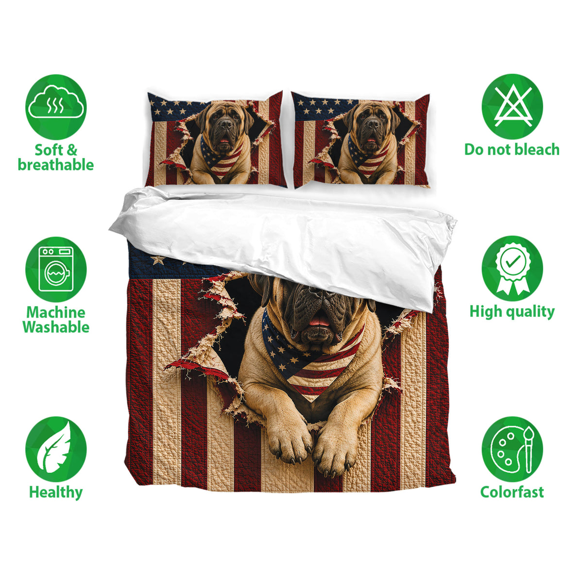 English Mastiff bedding set shown with matching pillowcases, breathable fabric icons, and patriotic flag design