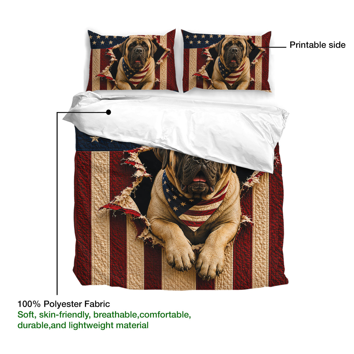English Mastiff duvet cover and matching pillowcases shown with printable side and soft polyester fabric details