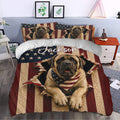 Patriotic English Mastiff duvet cover bedding set styled in a modern bedroom with bold red, white, and blue artwork