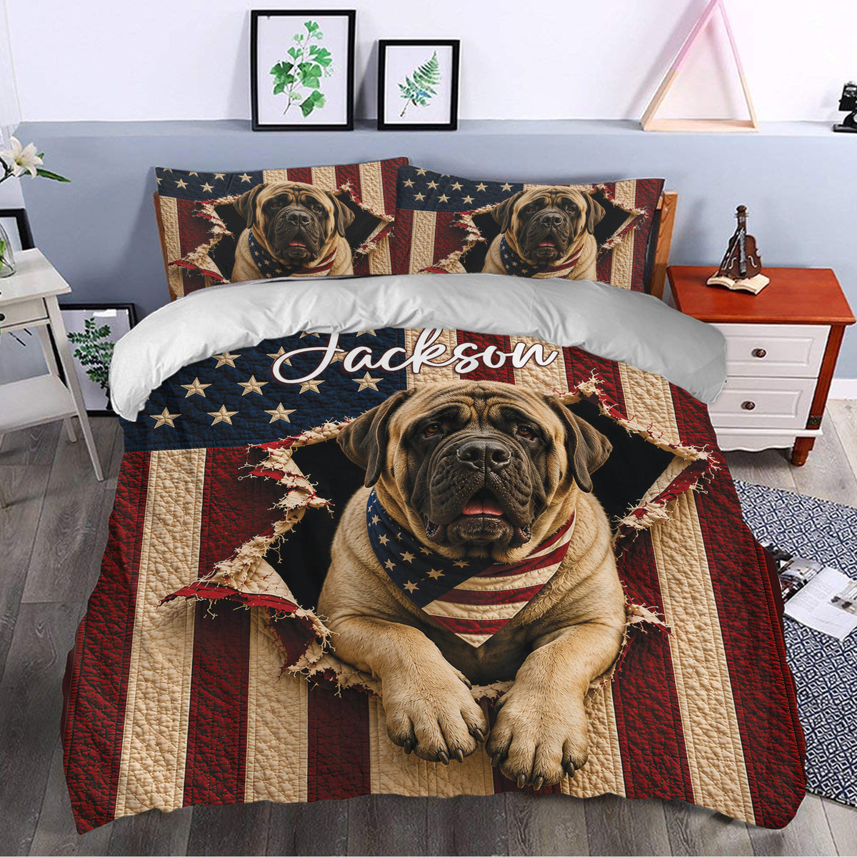Patriotic English Mastiff duvet cover bedding set styled in a modern bedroom with bold red, white, and blue artwork