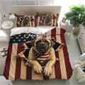 English Mastiff bedding set displayed in a bright bedroom with matching pillowcases and American flag inspired artwork