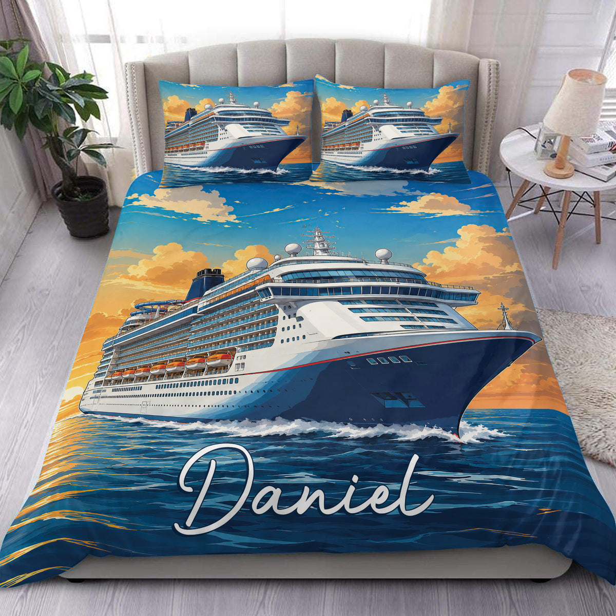 Cruise ship duvet cover set displayed on a modern bed with blue ocean waves and golden sunset artwork