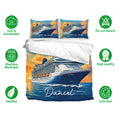 Cruise ship bedding set flat lay showing ocean artwork, matching pillowcases, and blue nautical colors