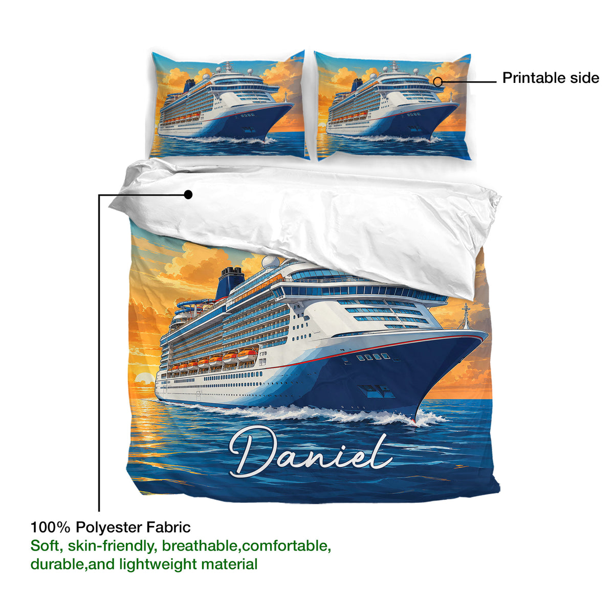 Cruise ship duvet cover set detail with printed ocean liner artwork and soft polyester fabric callout