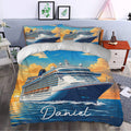 Cruise ship bedding set styled in a bedroom with vivid ocean liner artwork and sunset colors